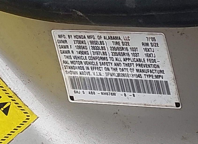 Photo 9 of 2005 Honda Odyssey LX (VIN 5FNRL38285B131045)