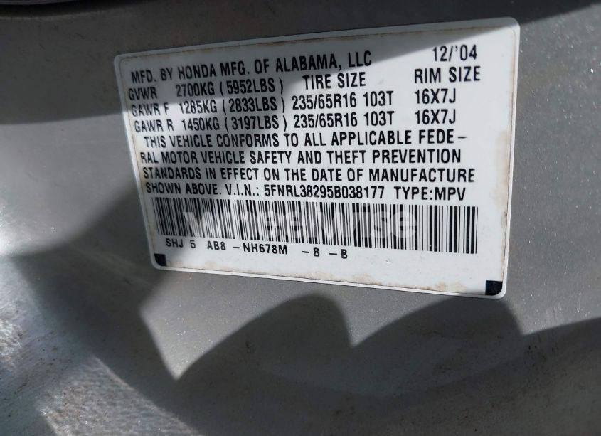 Photo 9 of 2005 Honda Odyssey LX (VIN 5FNRL38295B038177)