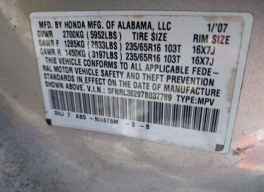 Photo 9 of 2007 Honda Odyssey LX (VIN 5FNRL38297B037789)