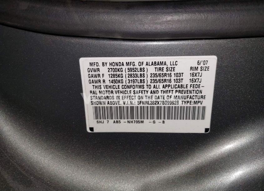 Photo 9 of 2007 Honda Odyssey LX (VIN 5FNRL382X7B099928)