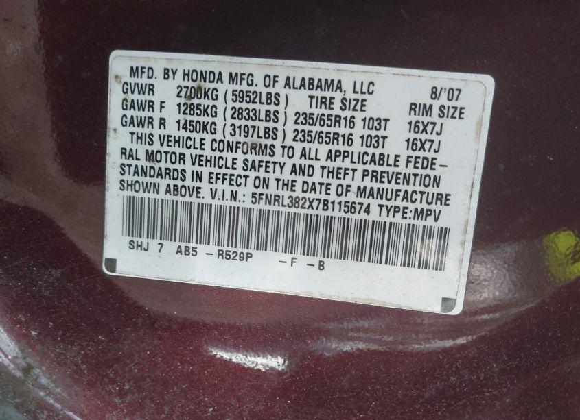 Photo 9 of 2007 Honda Odyssey LX (VIN 5FNRL382X7B115674)