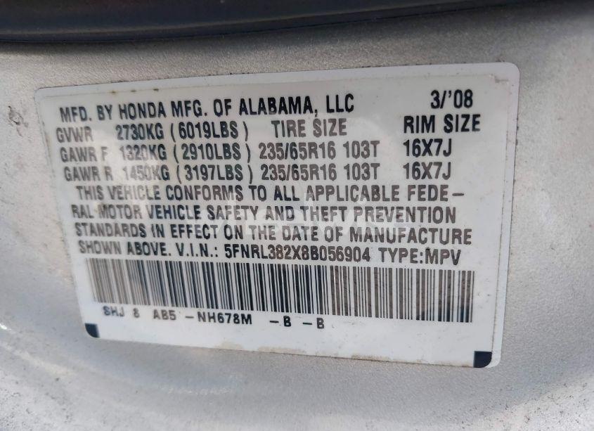 Photo 9 of 2008 Honda Odyssey LX (VIN 5FNRL382X8B056904)