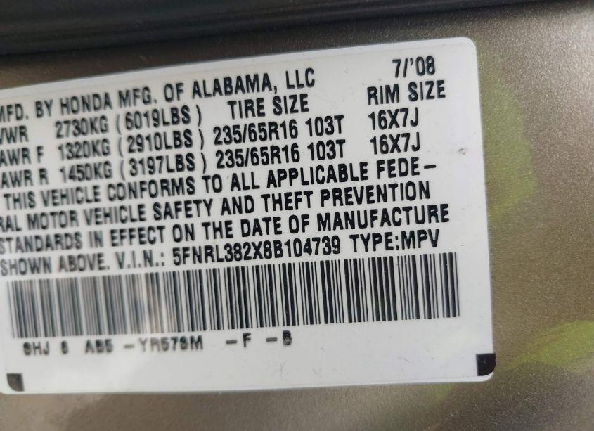 Photo 9 of 2008 Honda Odyssey LX (VIN 5FNRL382X8B104739)