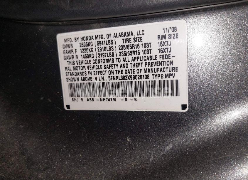 Photo 9 of 2009 Honda Odyssey LX (VIN 5FNRL382X9B026108)