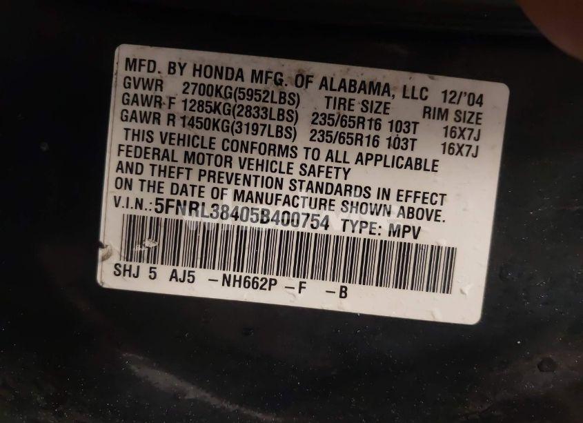 Photo 9 of 2005 Honda Odyssey EX (VIN 5FNRL38405B400754)