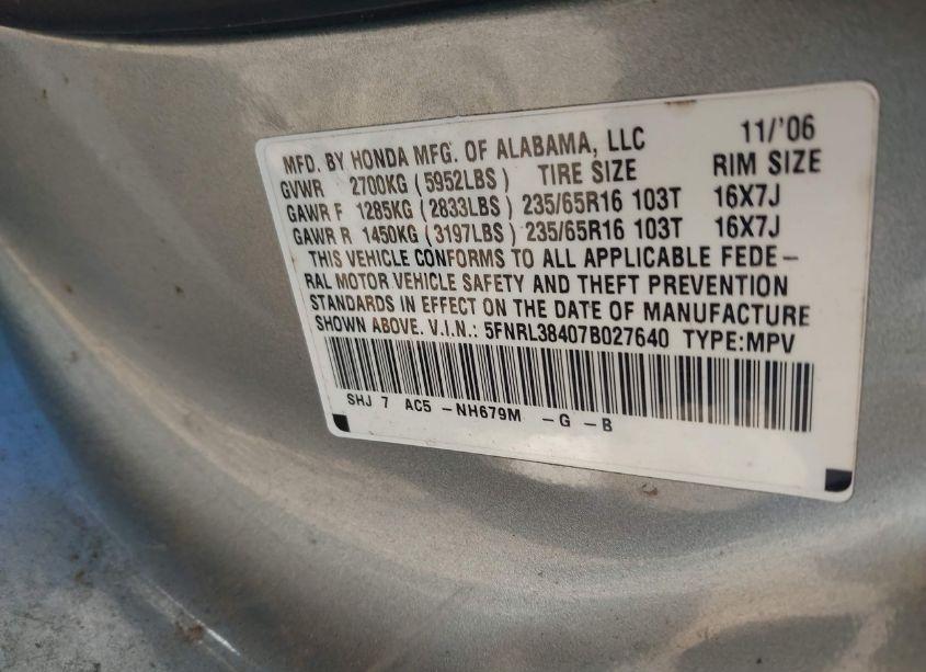 Photo 9 of 2007 Honda Odyssey EX (VIN 5FNRL38407B027640)