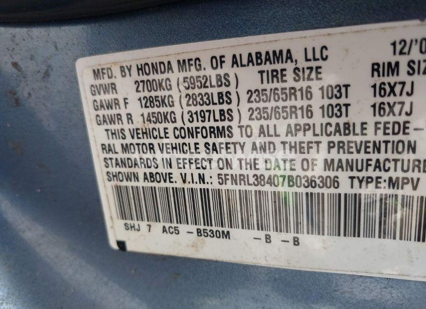 Photo 9 of 2007 Honda Odyssey EX (VIN 5FNRL38407B036306)