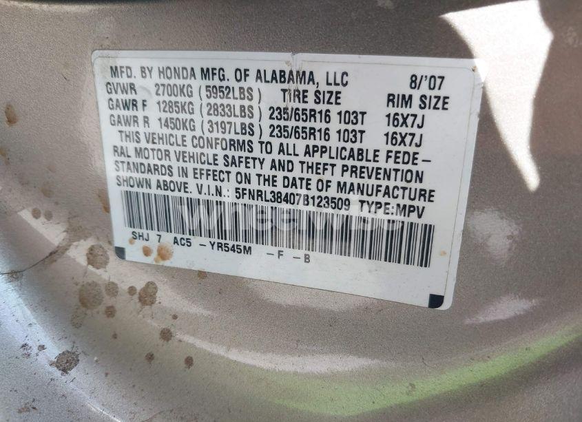 Photo 9 of 2007 Honda Odyssey EX (VIN 5FNRL38407B123509)