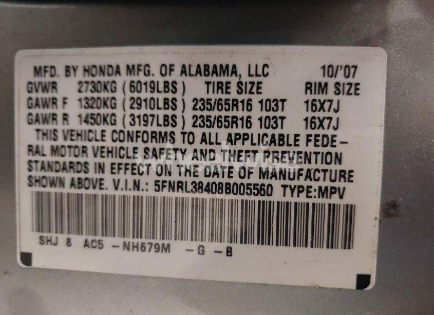 Photo 9 of 2008 Honda Odyssey EX (VIN 5FNRL38408B005560)