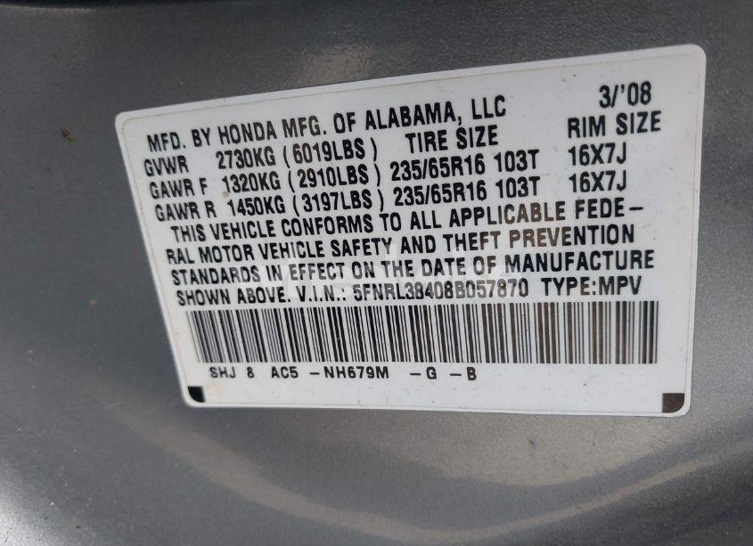 Photo 9 of 2008 Honda Odyssey EX (VIN 5FNRL38408B057870)