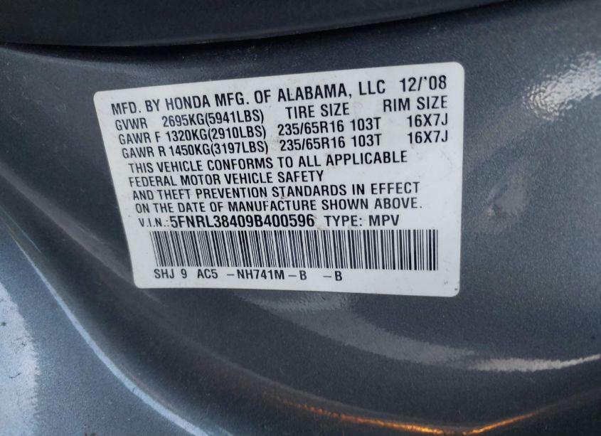 Photo 9 of 2009 Honda Odyssey EX (VIN 5FNRL38409B400596)