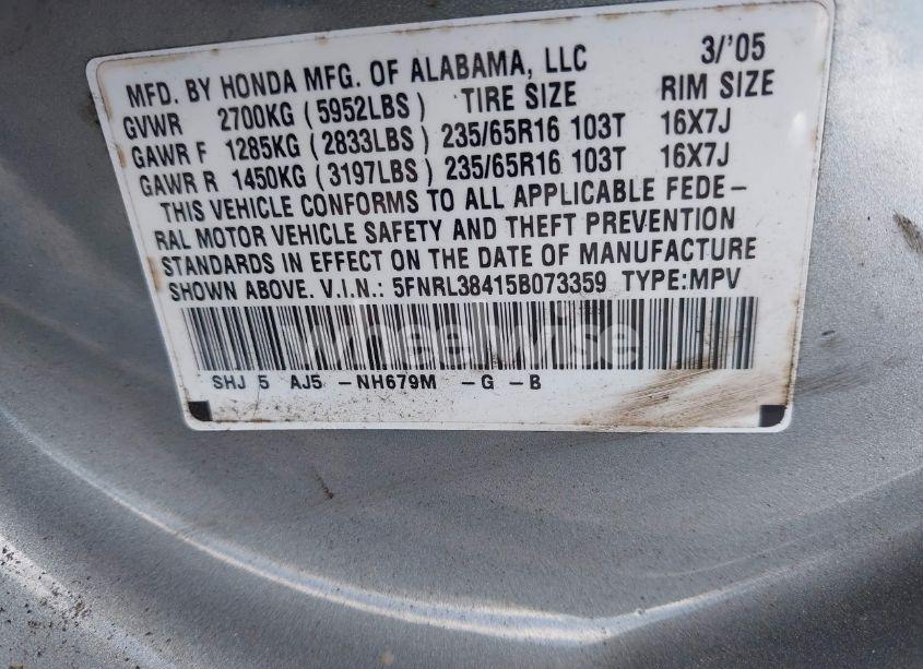 Photo 9 of 2005 Honda Odyssey EX (VIN 5FNRL38415B073359)