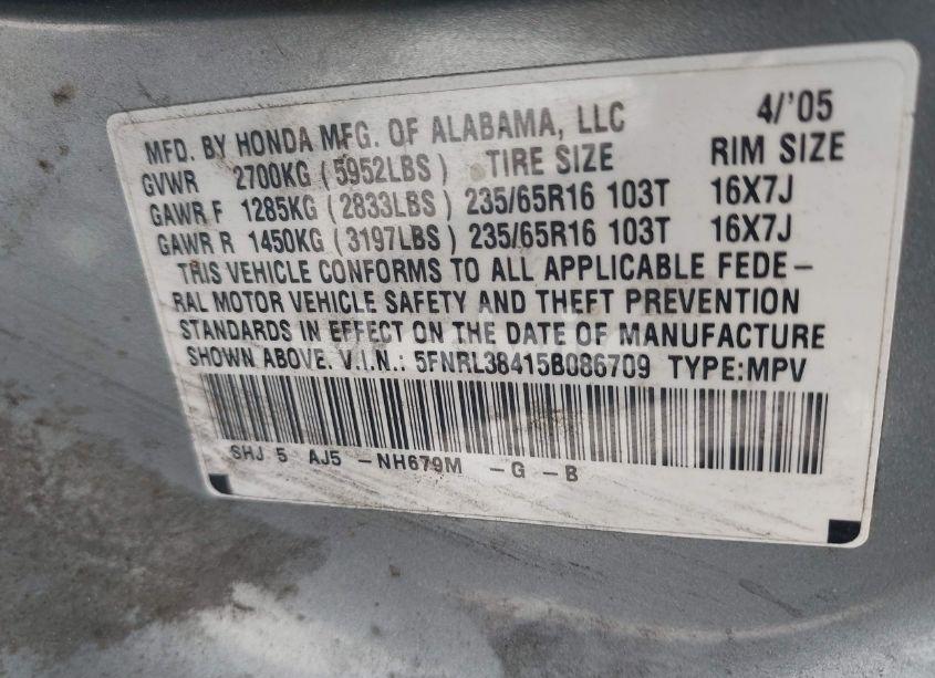 Photo 9 of 2005 Honda Odyssey EX (VIN 5FNRL38415B086709)