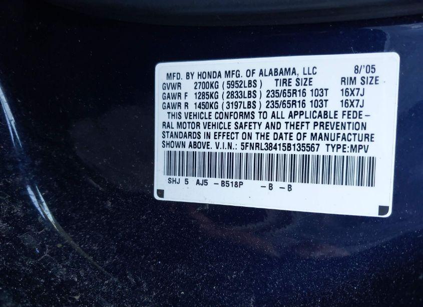 Photo 9 of 2005 Honda Odyssey EX (VIN 5FNRL38415B135567)