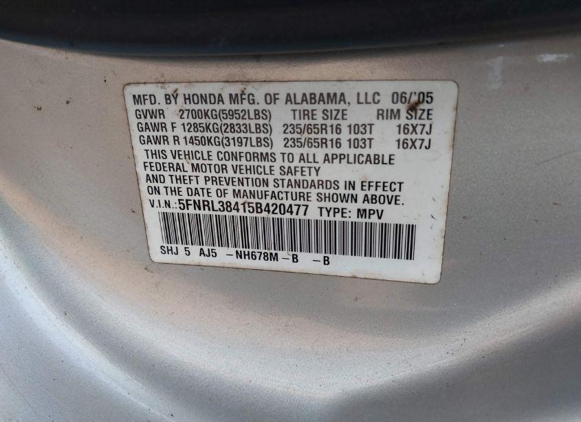 Photo 9 of 2005 Honda Odyssey EX (VIN 5FNRL38415B420477)