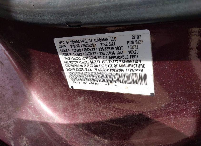 Photo 9 of 2007 Honda Odyssey EX (VIN 5FNRL38417B052384)