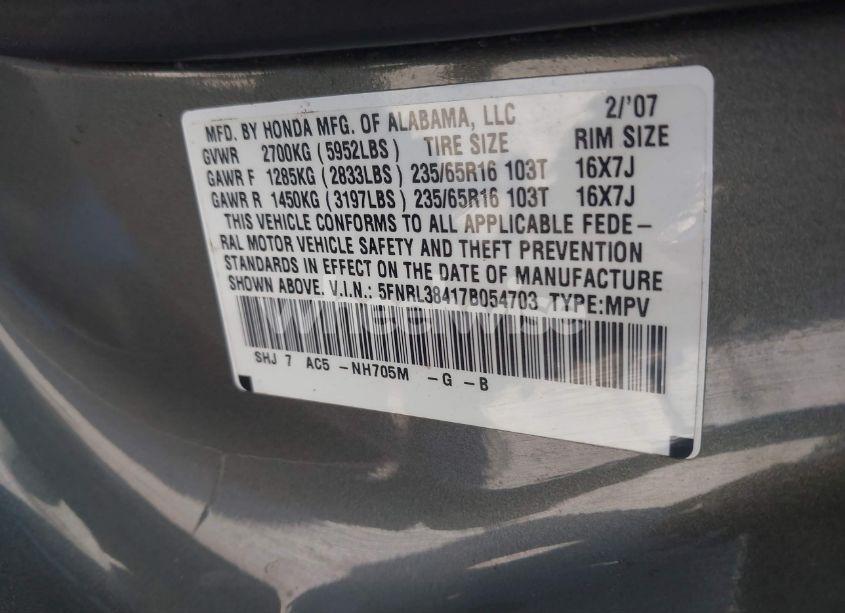 Photo 9 of 2007 Honda Odyssey EX (VIN 5FNRL38417B054703)
