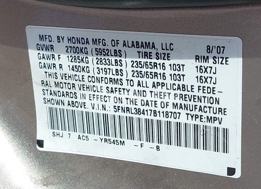 Photo 9 of 2007 Honda Odyssey EX (VIN 5FNRL38417B118707)