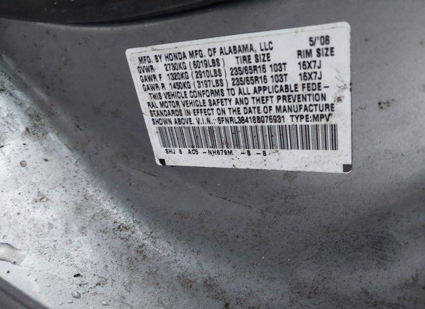 Photo 9 of 2008 Honda Odyssey EX (VIN 5FNRL38418B076931)