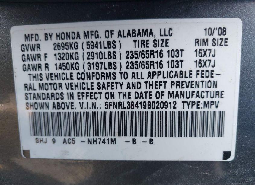 Photo 9 of 2009 Honda Odyssey EX (VIN 5FNRL38419B020912)