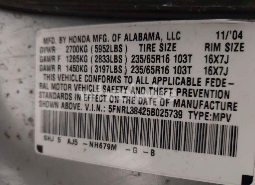 Photo 9 of 2005 Honda Odyssey EX (VIN 5FNRL38425B025739)