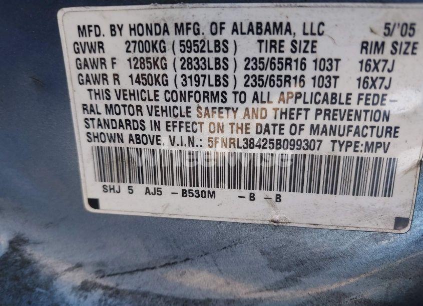 Photo 9 of 2005 Honda Odyssey EX (VIN 5FNRL38425B099307)