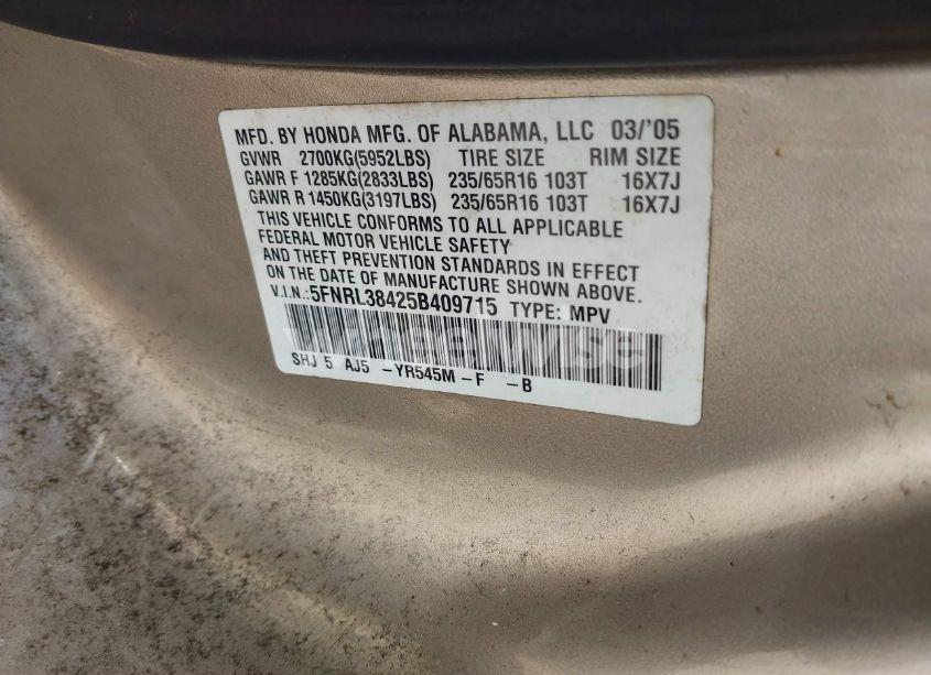 Photo 9 of 2005 Honda Odyssey EX (VIN 5FNRL38425B409715)