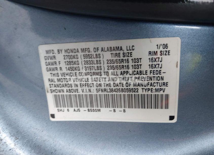 Photo 9 of 2006 Honda Odyssey EX (VIN 5FNRL38426B059522)