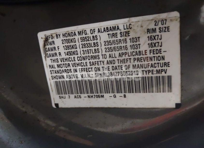 Photo 9 of 2007 Honda Odyssey EX (VIN 5FNRL38427B052619)