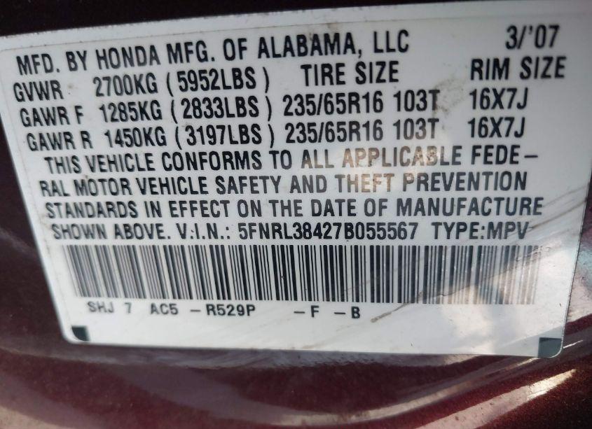 Photo 9 of 2007 Honda Odyssey EX (VIN 5FNRL38427B055567)