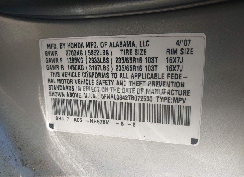 Photo 9 of 2007 Honda Odyssey EX (VIN 5FNRL38427B072630)