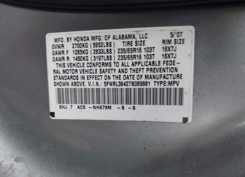 Photo 9 of 2007 Honda Odyssey EX (VIN 5FNRL38427B089881)