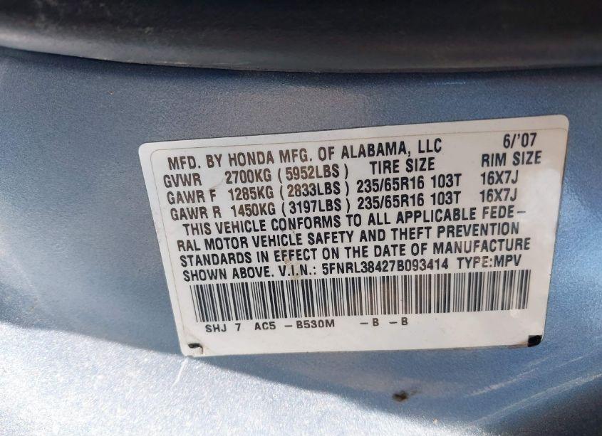 Photo 9 of 2007 Honda Odyssey EX (VIN 5FNRL38427B093414)
