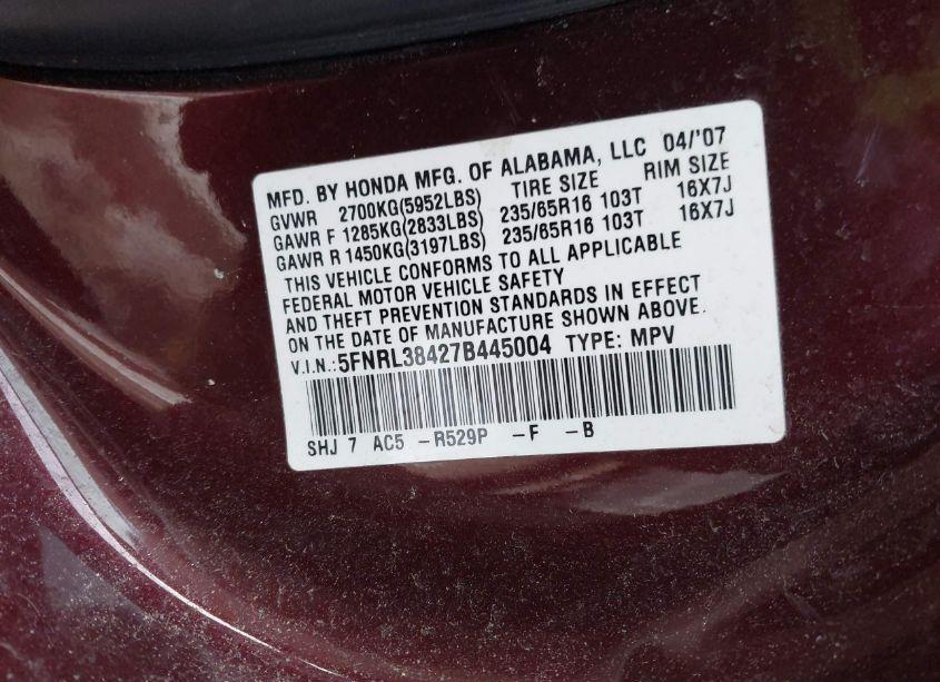 Photo 9 of 2007 Honda Odyssey EX (VIN 5FNRL38427B445004)