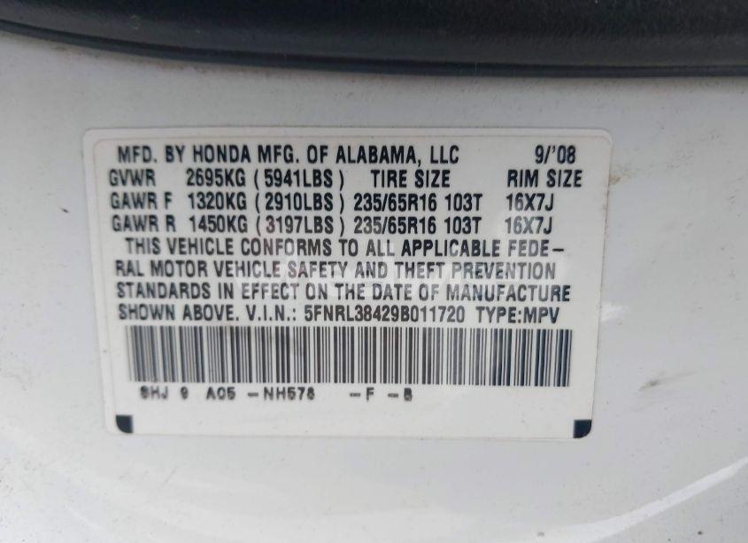 Photo 9 of 2009 Honda Odyssey EX (VIN 5FNRL38429B011720)