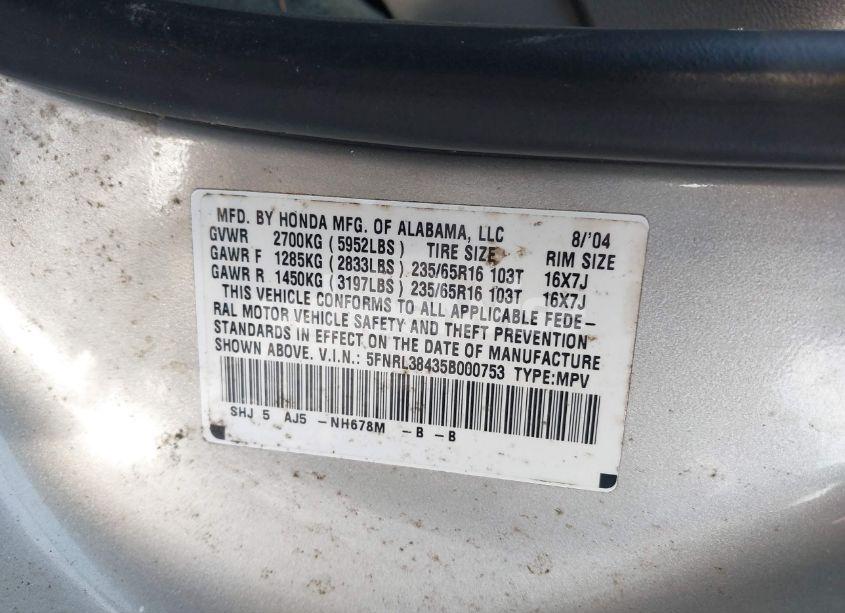 Photo 9 of 2005 Honda Odyssey EX (VIN 5FNRL38435B000753)