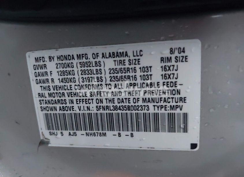 Photo 9 of 2005 Honda Odyssey EX (VIN 5FNRL38435B002373)