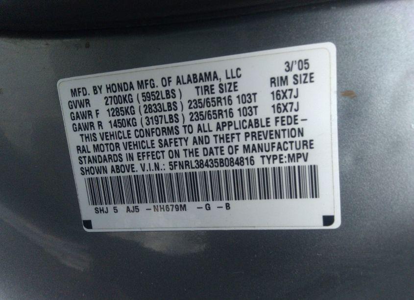 Photo 9 of 2005 Honda Odyssey EX (VIN 5FNRL38435B084816)