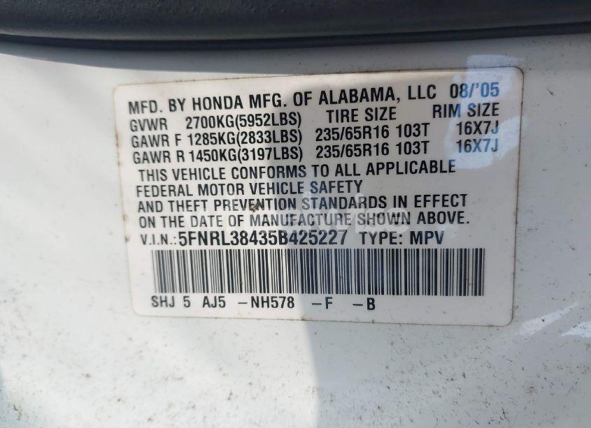 Photo 9 of 2005 Honda Odyssey EX (VIN 5FNRL38435B425227)