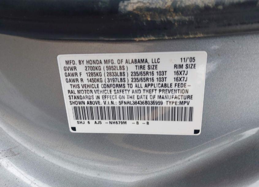 Photo 9 of 2006 Honda Odyssey EX (VIN 5FNRL38436B036959)