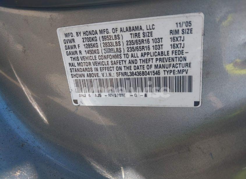 Photo 9 of 2006 Honda Odyssey EX (VIN 5FNRL38436B041546)