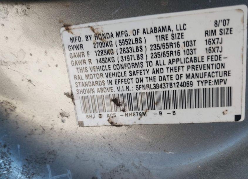 Photo 9 of 2007 Honda Odyssey EX (VIN 5FNRL38437B124069)