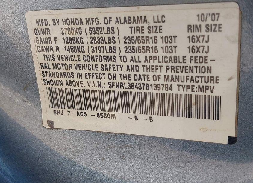 Photo 9 of 2007 Honda Odyssey EX (VIN 5FNRL38437B139784)