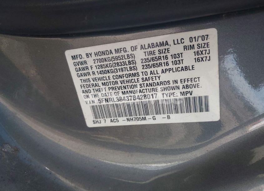 Photo 9 of 2007 Honda Odyssey EX (VIN 5FNRL38437B428017)