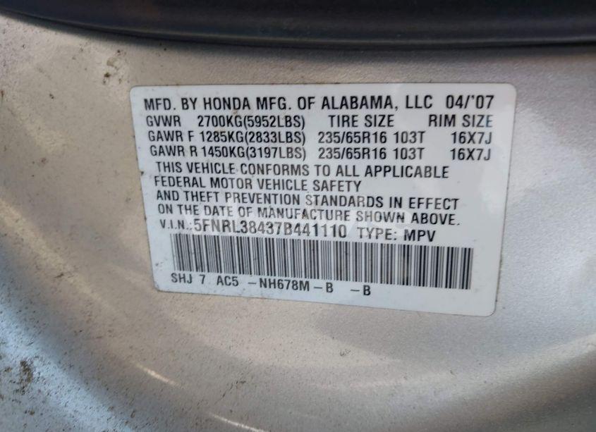 Photo 9 of 2007 Honda Odyssey EX (VIN 5FNRL38437B441110)