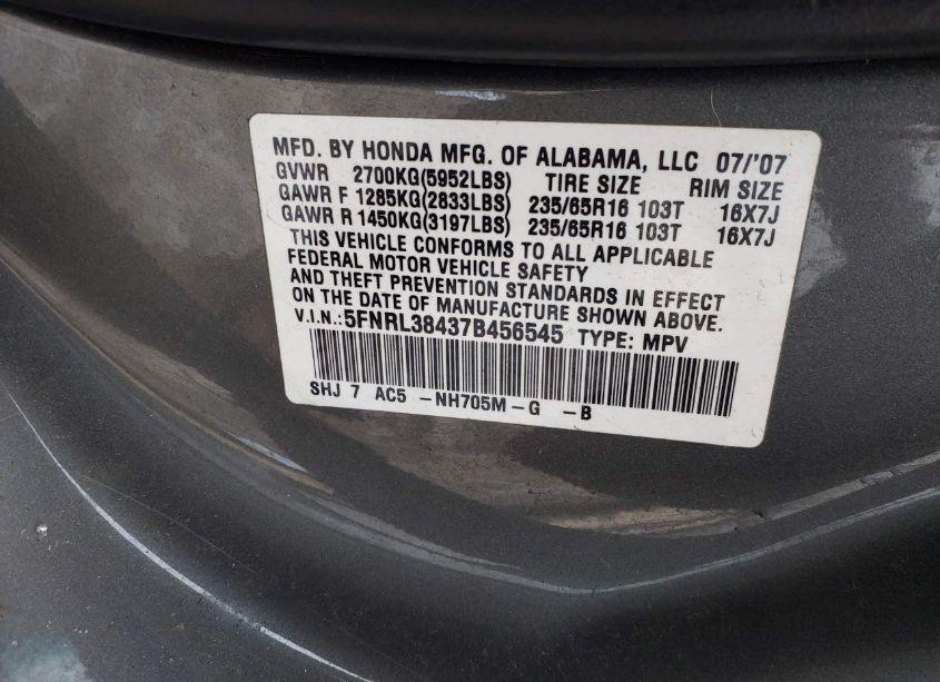 Photo 9 of 2007 Honda Odyssey EX (VIN 5FNRL38437B456545)