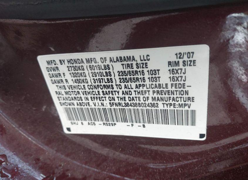 Photo 9 of 2008 Honda Odyssey EX (VIN 5FNRL38438B024362)