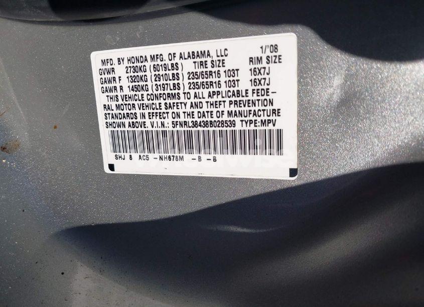 Photo 9 of 2008 Honda Odyssey EX (VIN 5FNRL38438B028539)