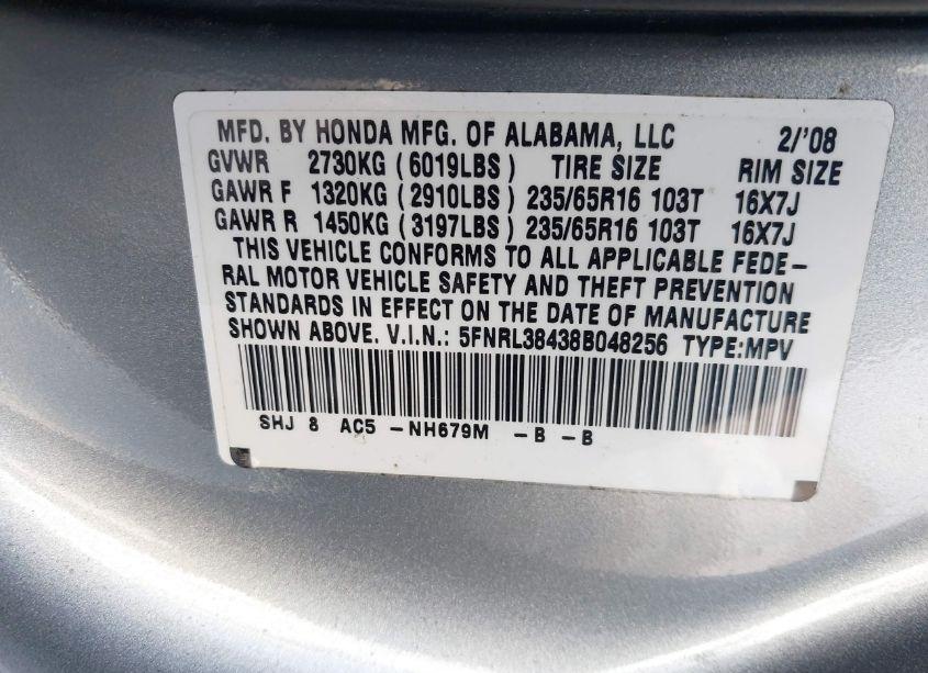 Photo 9 of 2008 Honda Odyssey EX (VIN 5FNRL38438B048256)