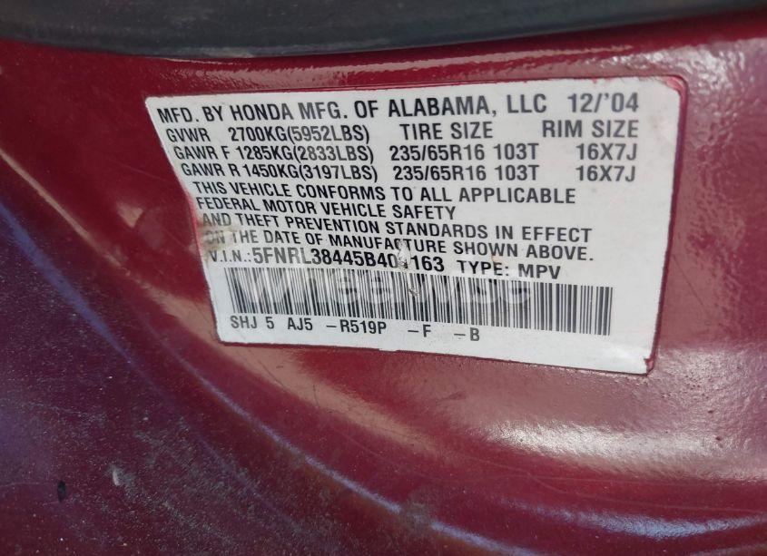 Photo 9 of 2005 Honda Odyssey EX (VIN 5FNRL38445B401163)